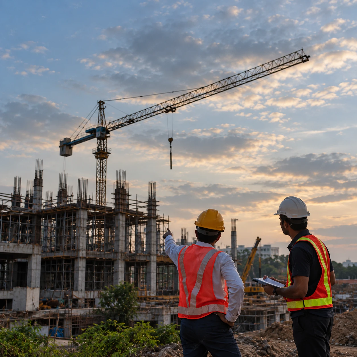 Two construction engineers in hard hats and safety vests reviewing progress on an enterprise building project with a tower crane at sunset